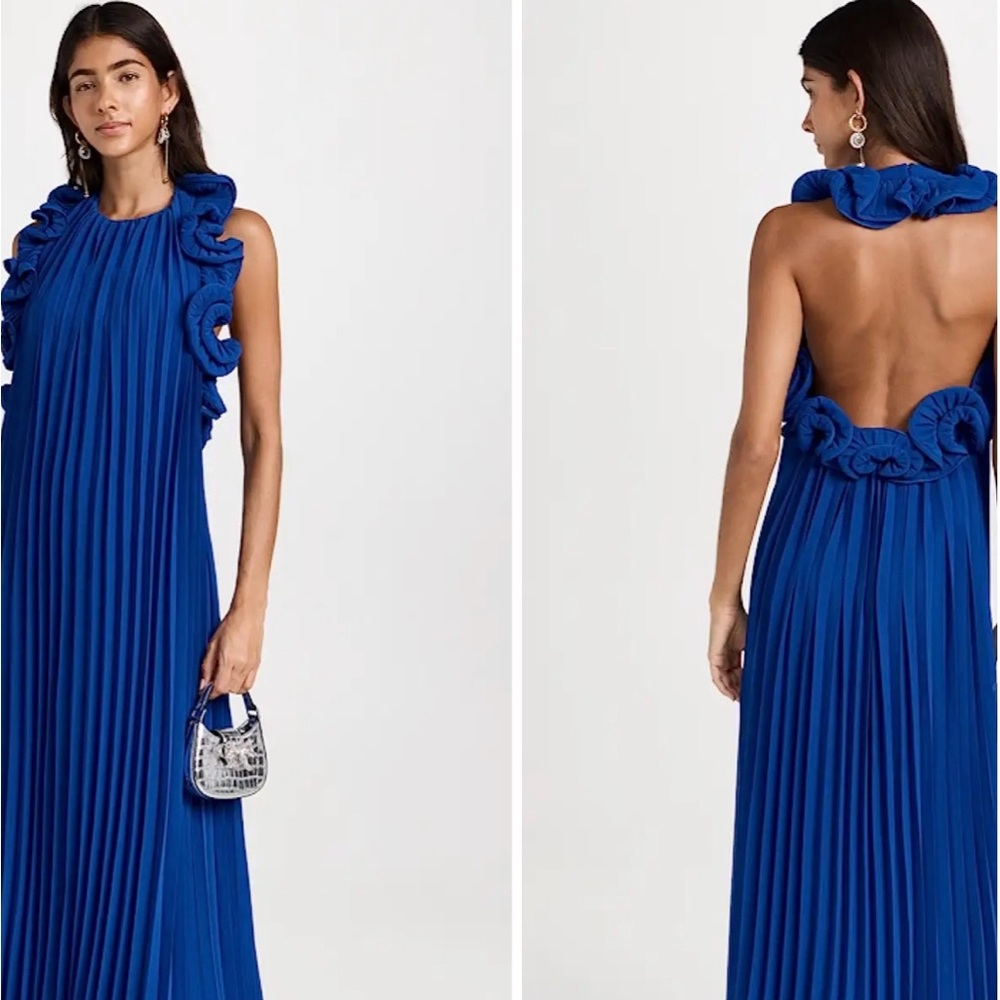 AMUR Blue Pleated Backless Gown